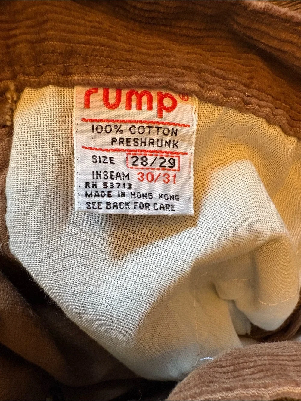 Vintage Rump Brown Corduroy Pants Made in Hong Kong High Rise 28 70s 80s Cotton